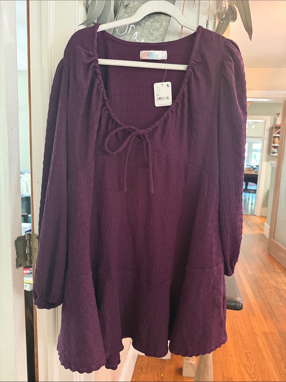 Women's Plum Peasant Dress with Tie Neck
